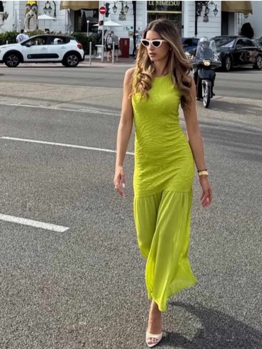 Zara Lime Green Sleeveless Textured Maxi Dress